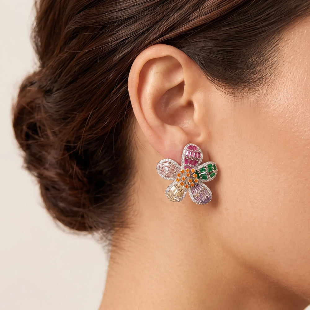 Rainbow crystal flower stud earrings for women - RANGREZ (view 2)