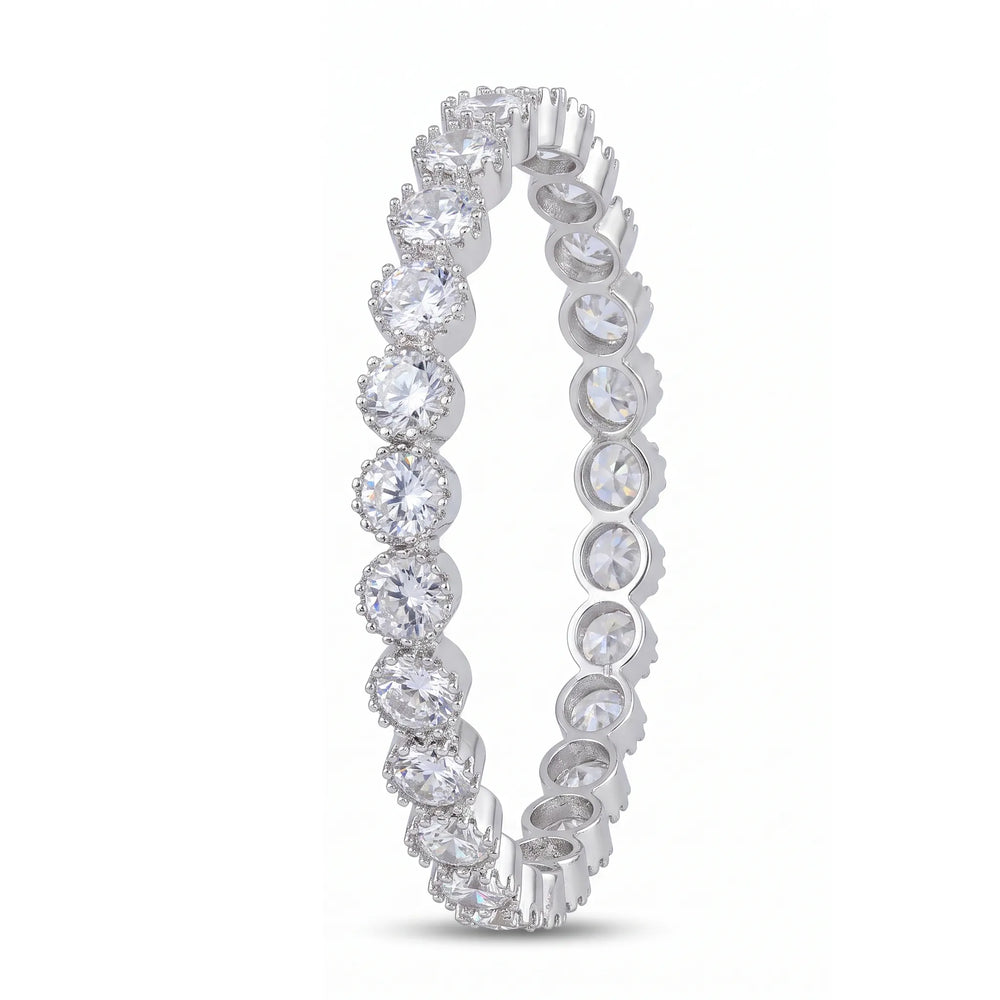 White crystal solitaire eternity bangles pair for women, rhodium finish (view 2) - RANGREZ