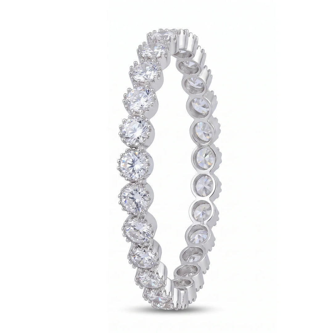 White crystal solitaire eternity bangles pair for women, rhodium finish (view 2) - RANGREZ