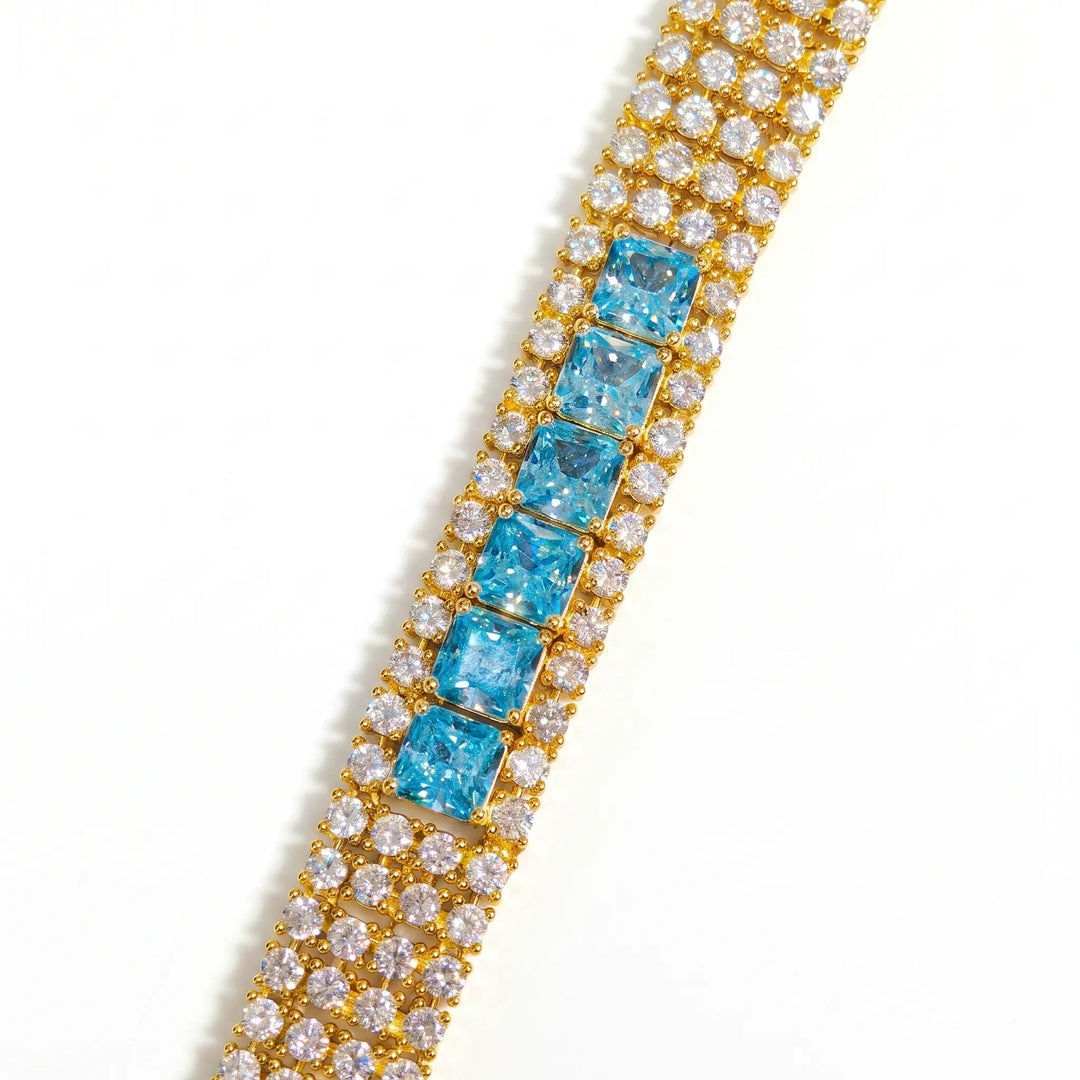 Blue crystal pave statement bracelet for women, gold finish - RANGREZ (view 3)