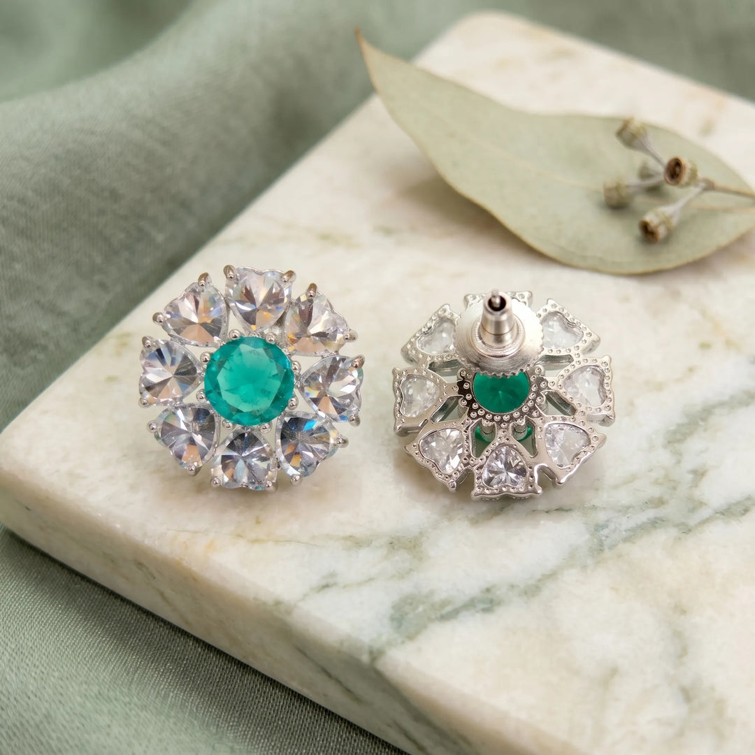 Green and white crystal floral stud earrings for women - RANGREZ (view 4)