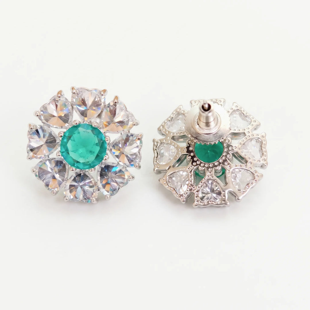 Green and white crystal floral stud earrings for women - RANGREZ (view 5)