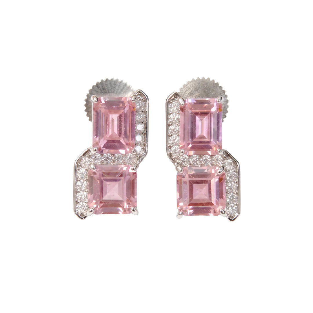 Square cut crystal stud earrings for women, CZ halo - RANGREZ (view 5)