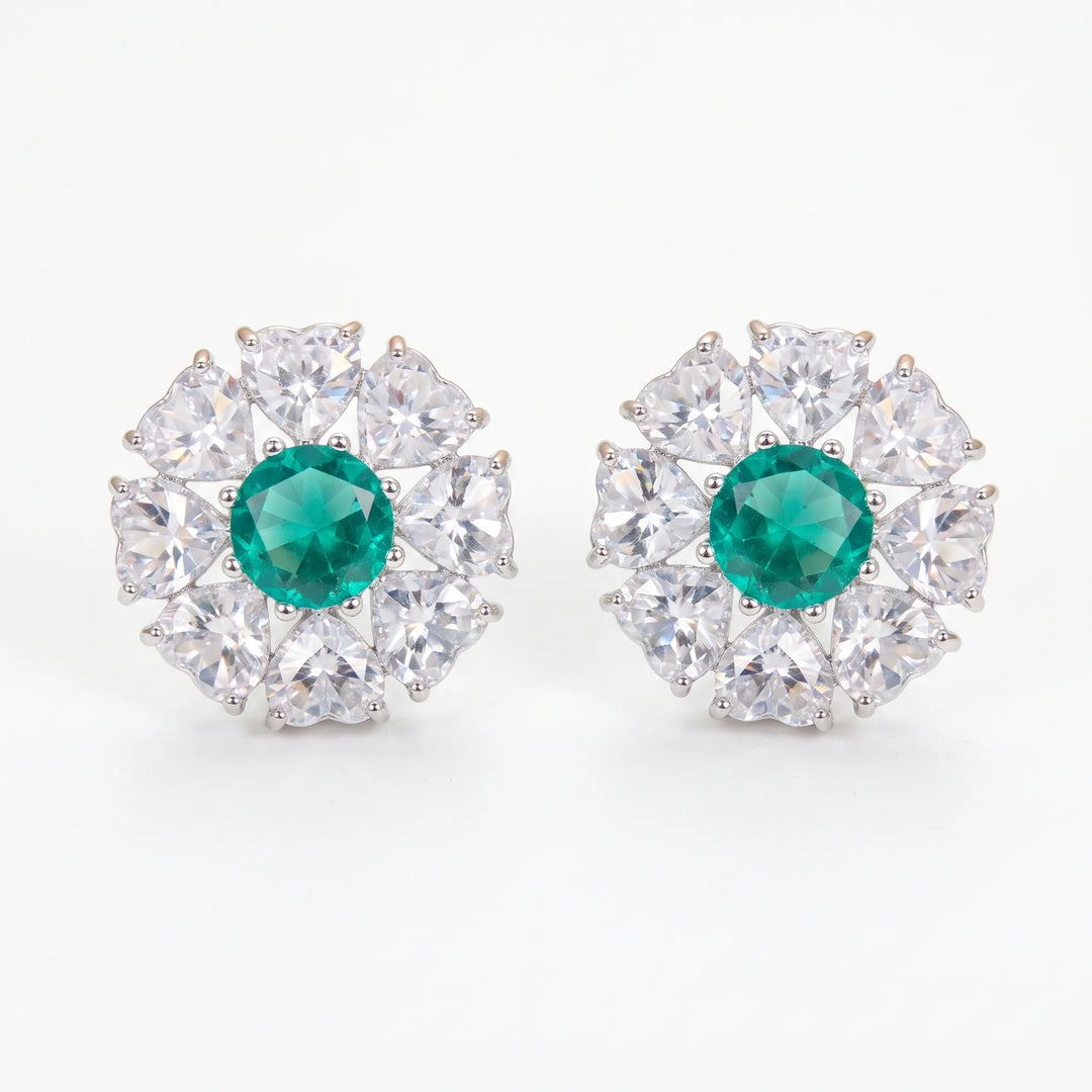 Green and white crystal floral cluster stud earrings for women - RANGREZ