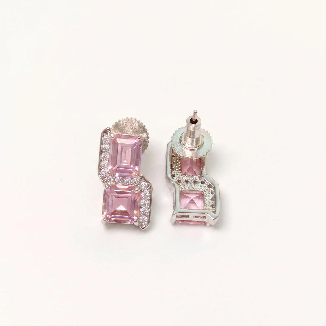 Square cut crystal stud earrings for women, CZ halo - RANGREZ (view 9)