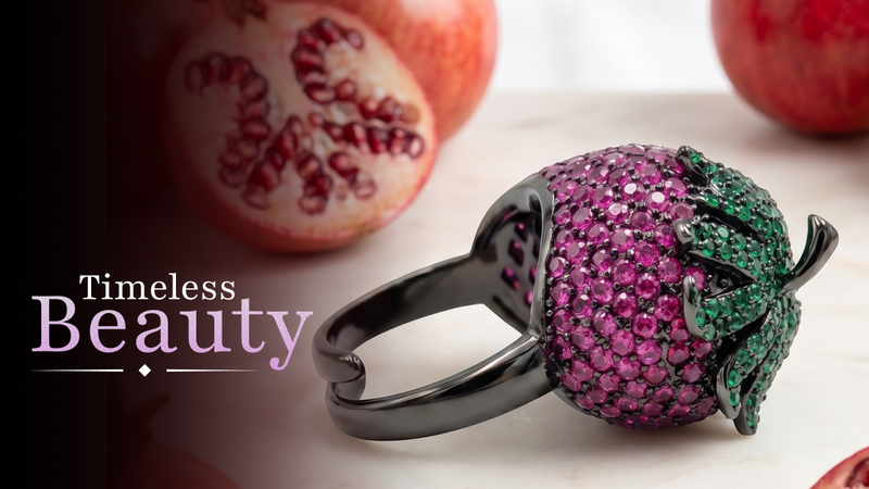 Botanica Pink & Green Strawberry Ring, Black Ruthenium