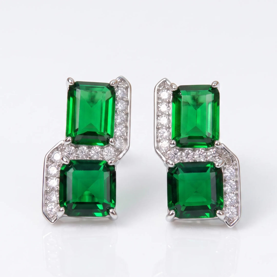 Square cut crystal stud earrings for women, silver toned CZ halo - RANGREZ