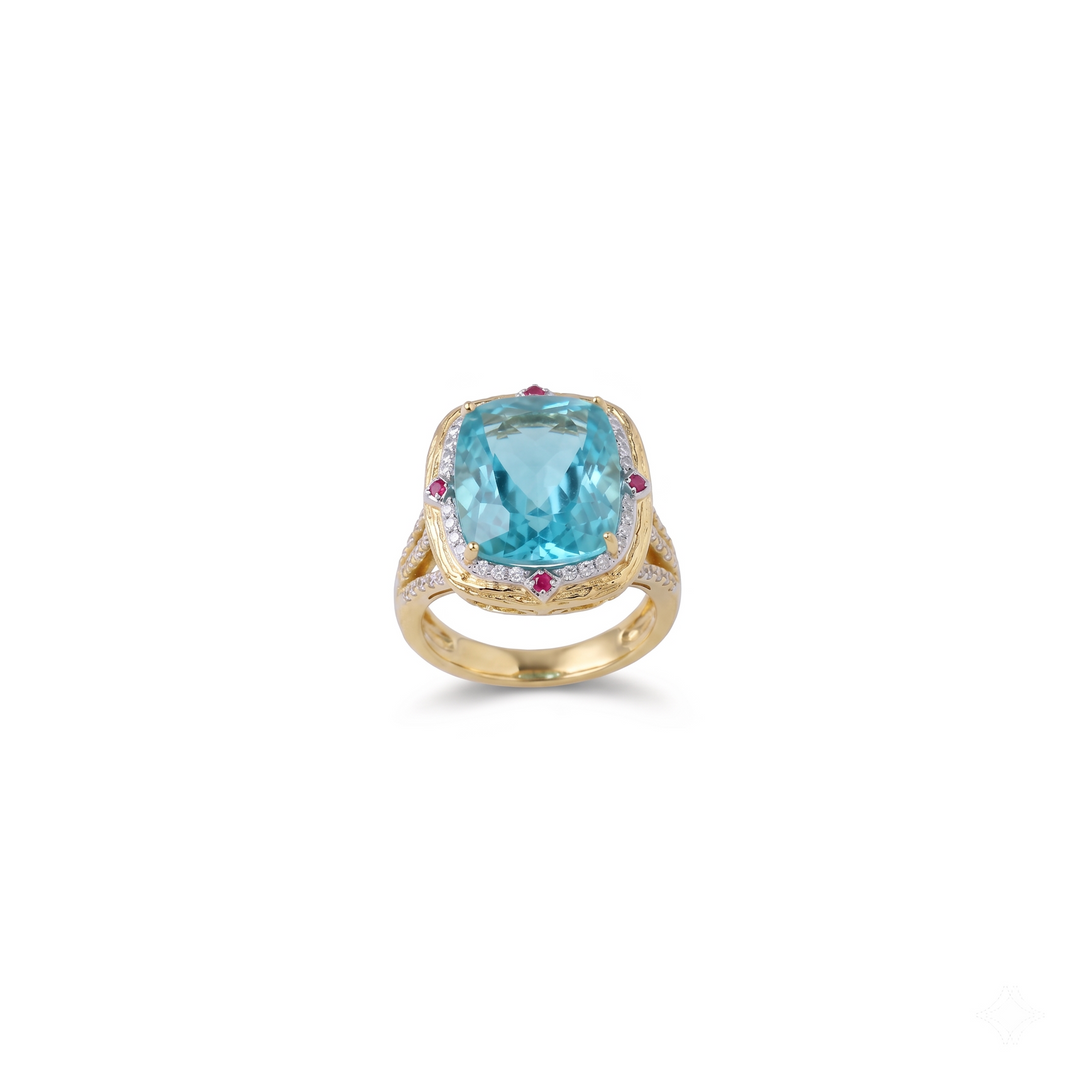 Turquoise blue crystal cushion halo cocktail ring for women, gold finish (view 2) - RANGREZ