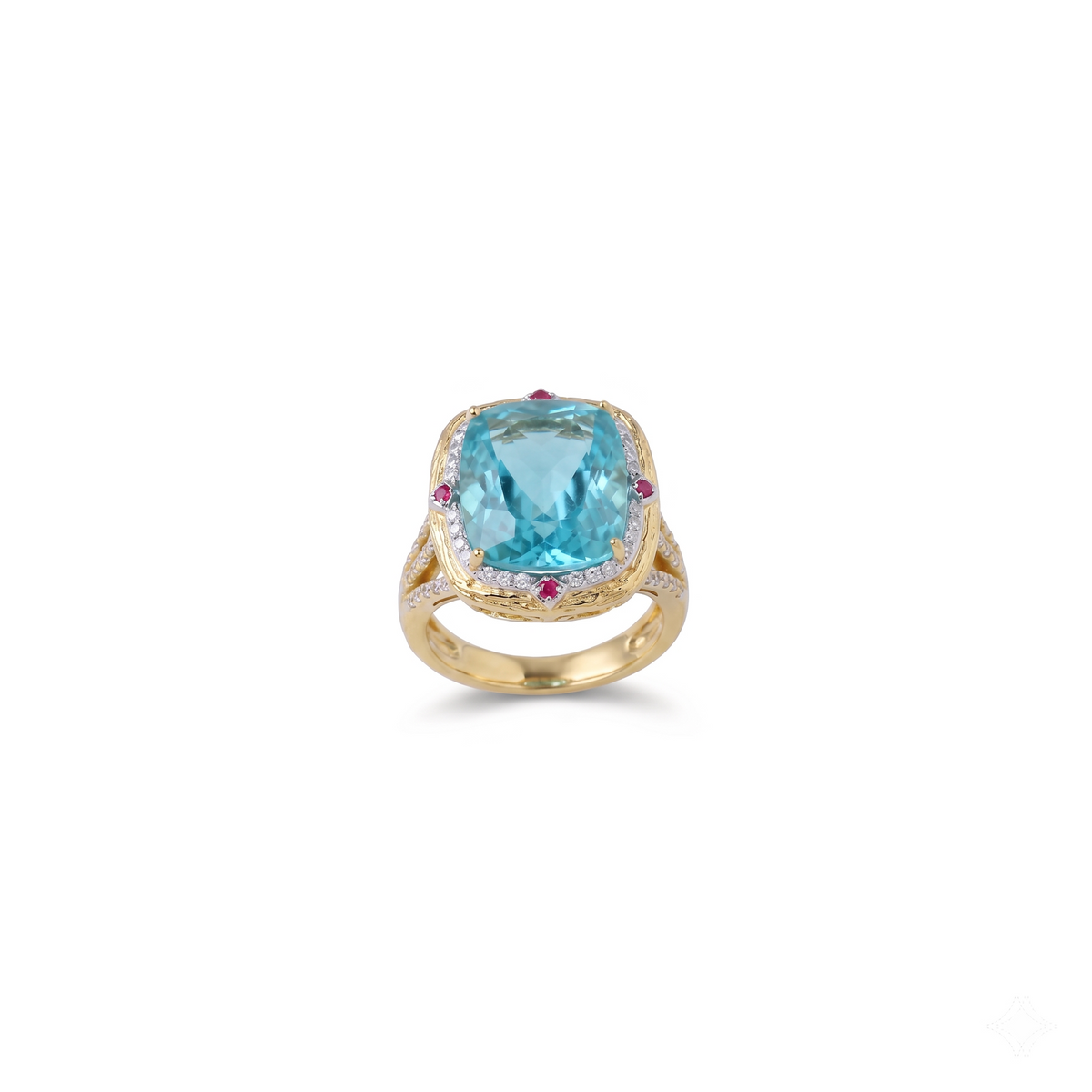 Turquoise blue crystal cushion halo cocktail ring for women, gold finish (view 2) - RANGREZ