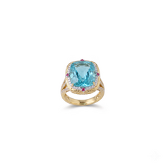 Turquoise blue crystal cushion halo cocktail ring for women, gold finish (view 2) - RANGREZ