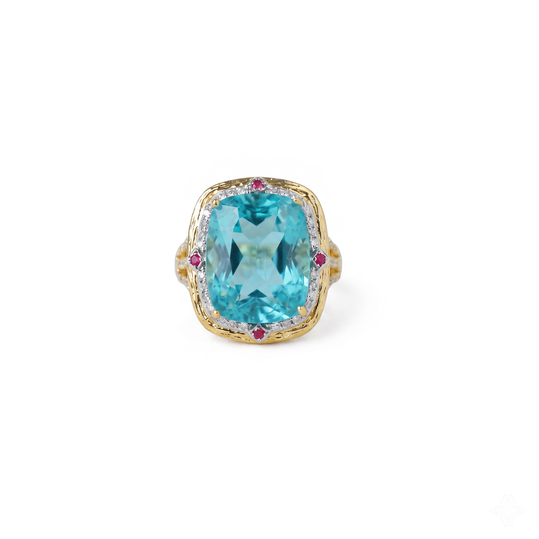 Turquoise blue crystal cushion halo cocktail ring for women, gold finish - RANGREZ