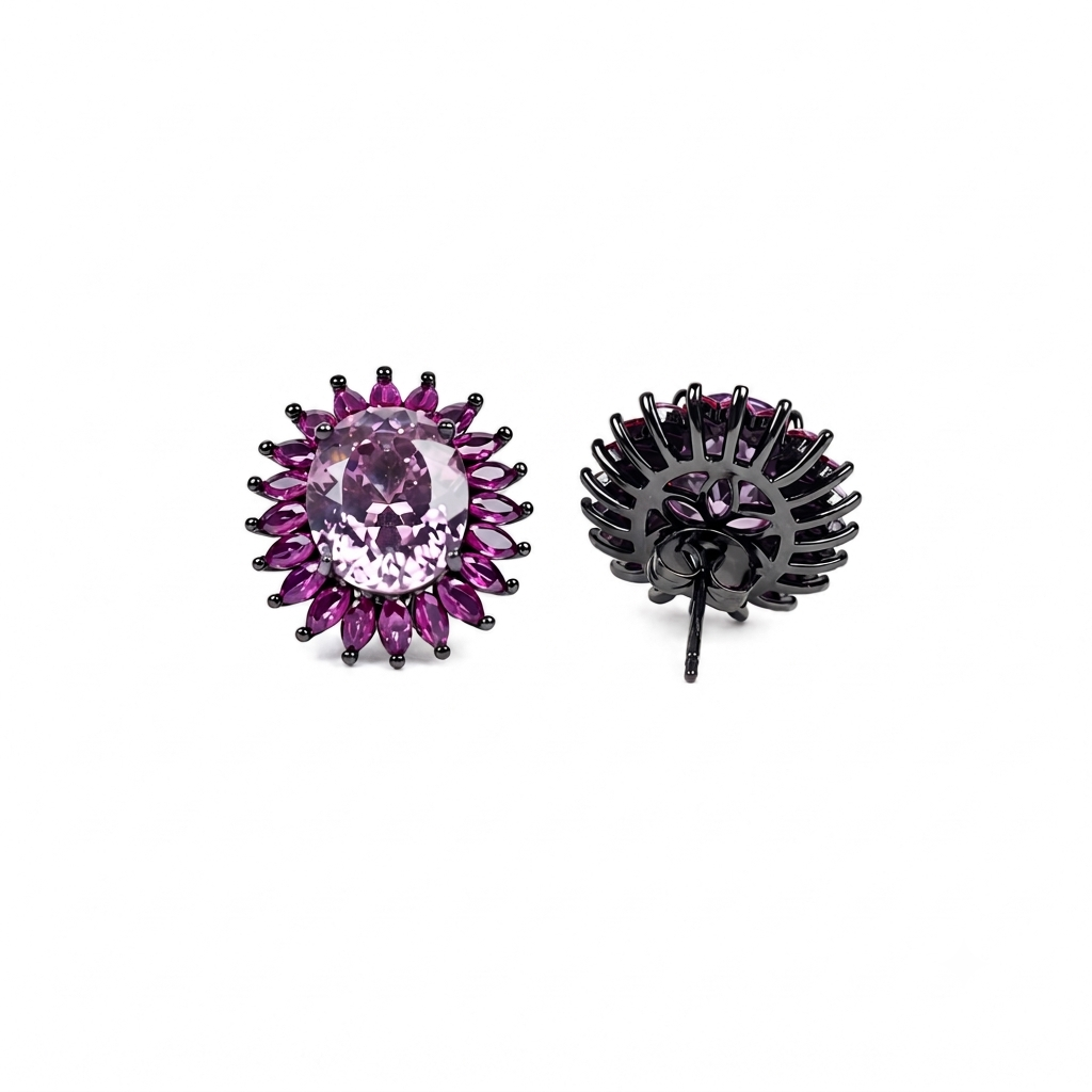 Pink oval crystal halo stud earrings for women, black rhodium finish (view 2) - RANGREZ