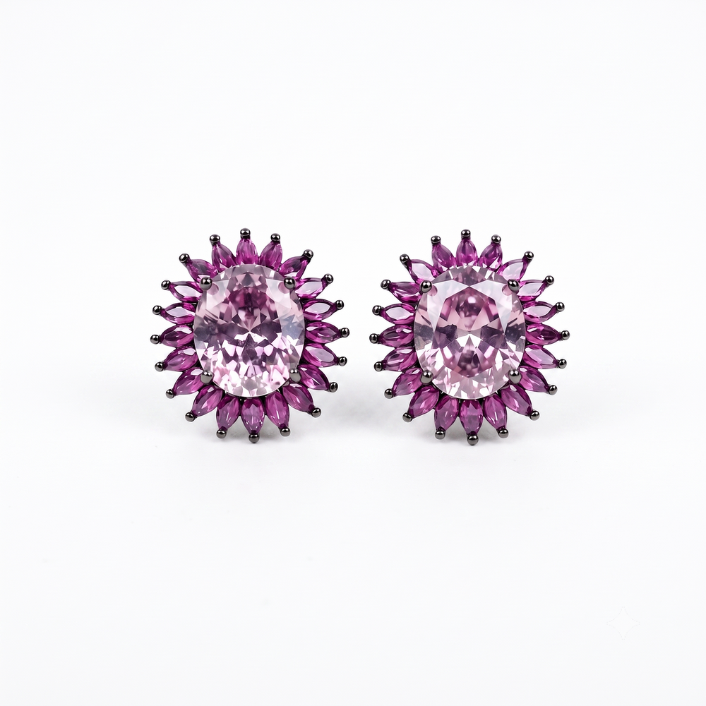 Pink oval crystal halo stud earrings for women, black rhodium finish - RANGREZ