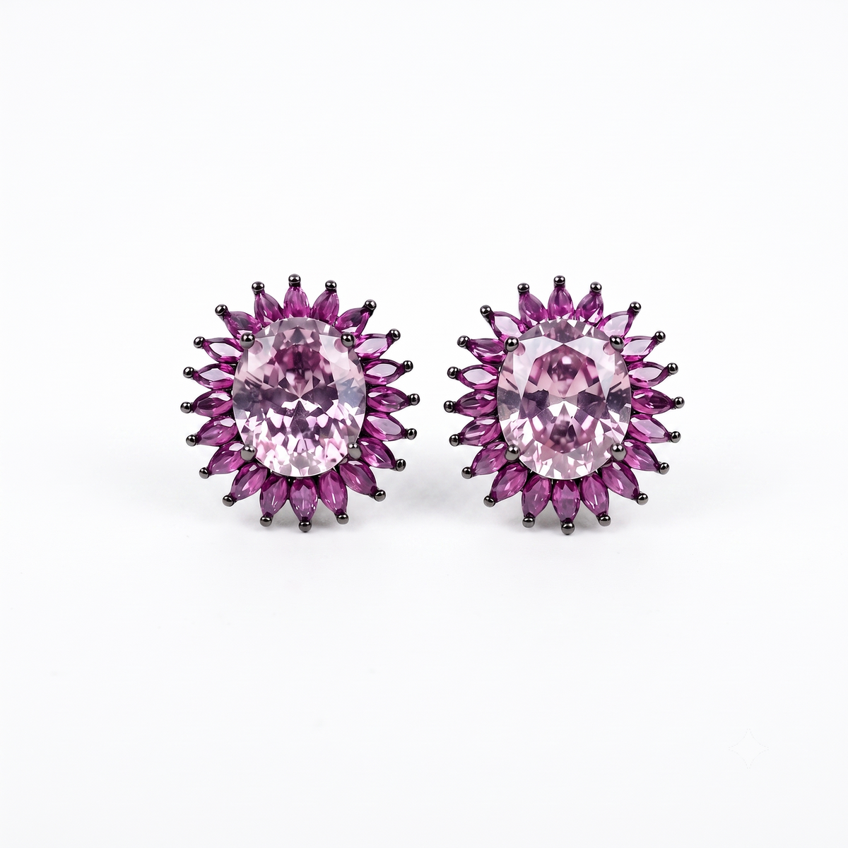 Pink oval crystal halo stud earrings for women, black rhodium finish - RANGREZ