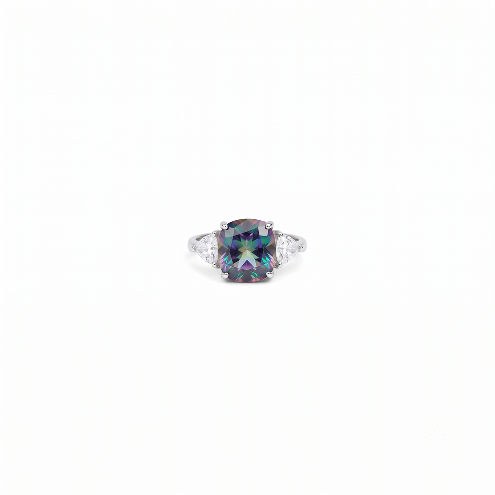 Multicolour mystic crystal cushion solitaire ring for women, rhodium finish - RANGREZ