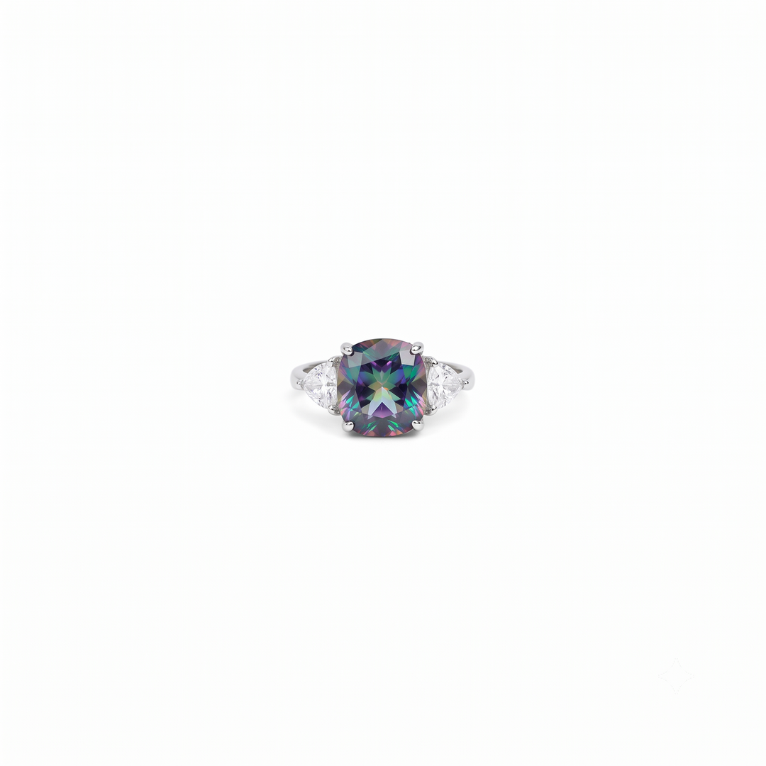 Multicolour mystic crystal cushion solitaire ring for women, rhodium finish - RANGREZ