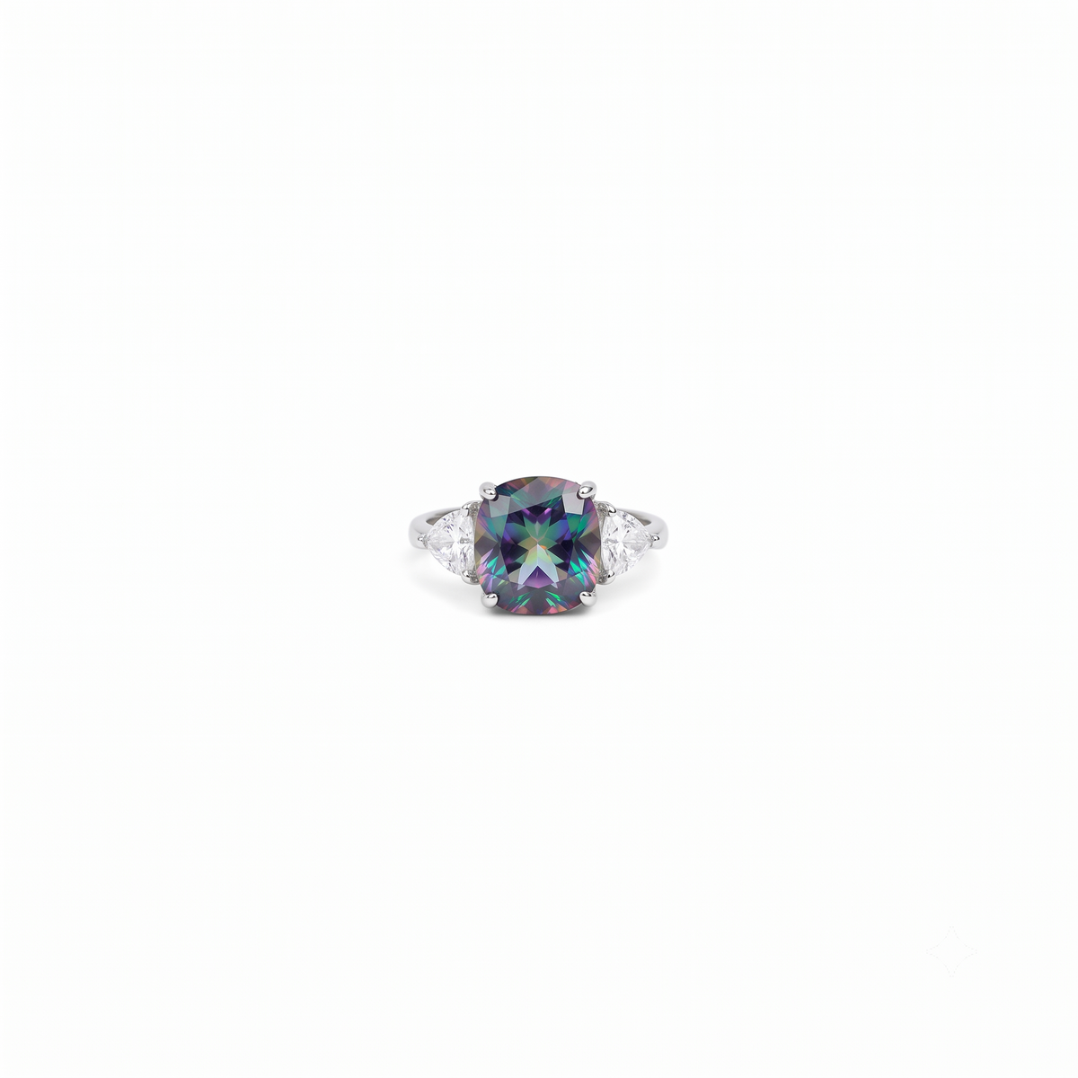Multicolour mystic crystal cushion solitaire ring for women, rhodium finish - RANGREZ