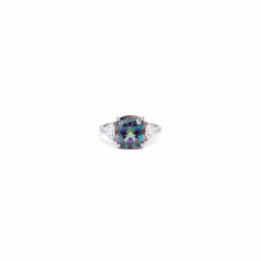 Multicolour mystic crystal cushion solitaire ring for women, rhodium finish - RANGREZ