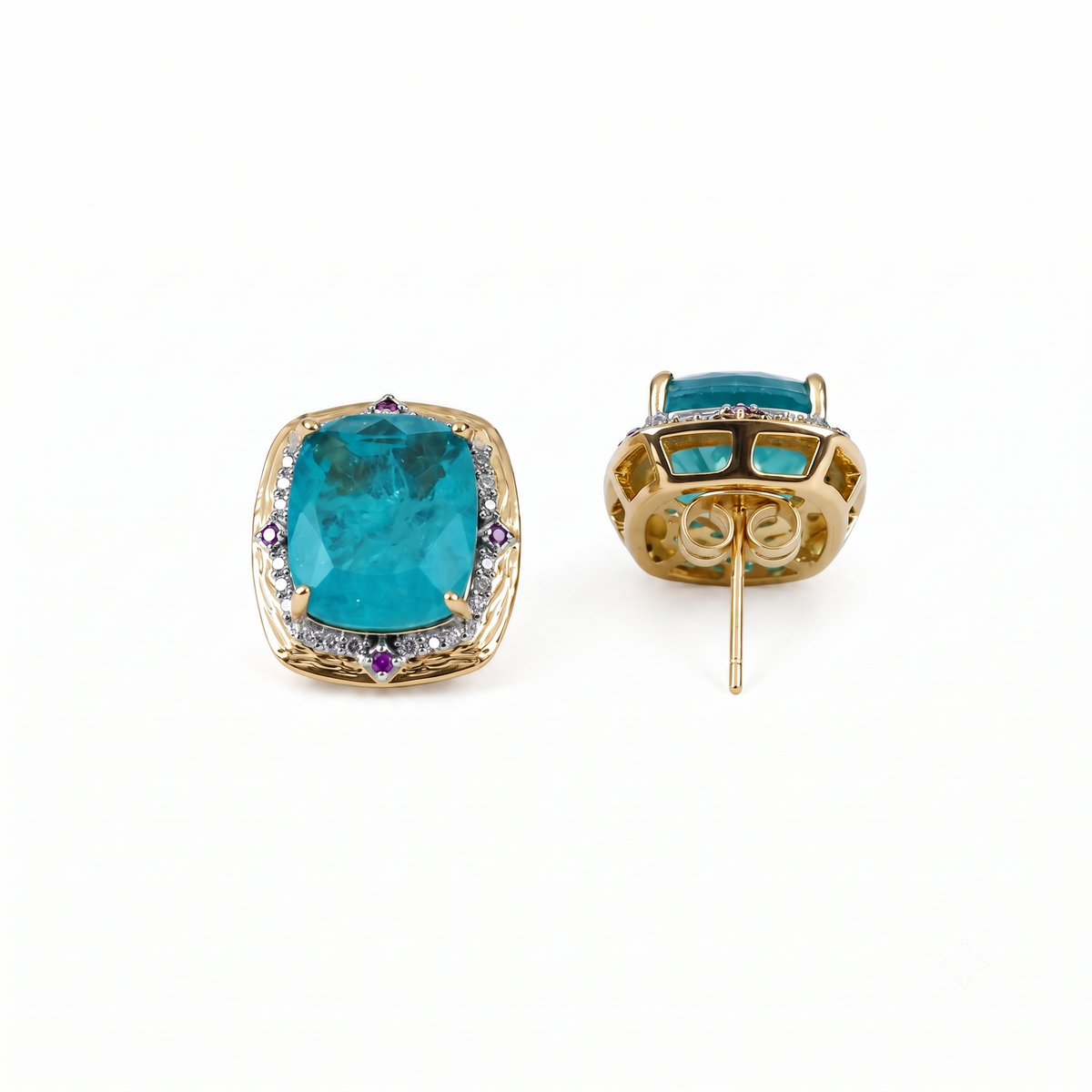 Turquoise blue crystal cushion halo stud earrings for women, gold finish (view 2) - RANGREZ