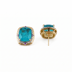 Turquoise blue crystal cushion halo stud earrings for women, gold finish (view 2) - RANGREZ