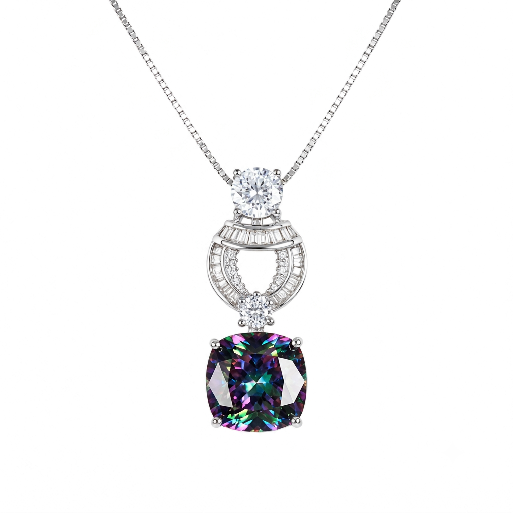Multicolour mystic crystal cushion drop pendant necklace for women, rhodium finish - RANGREZ