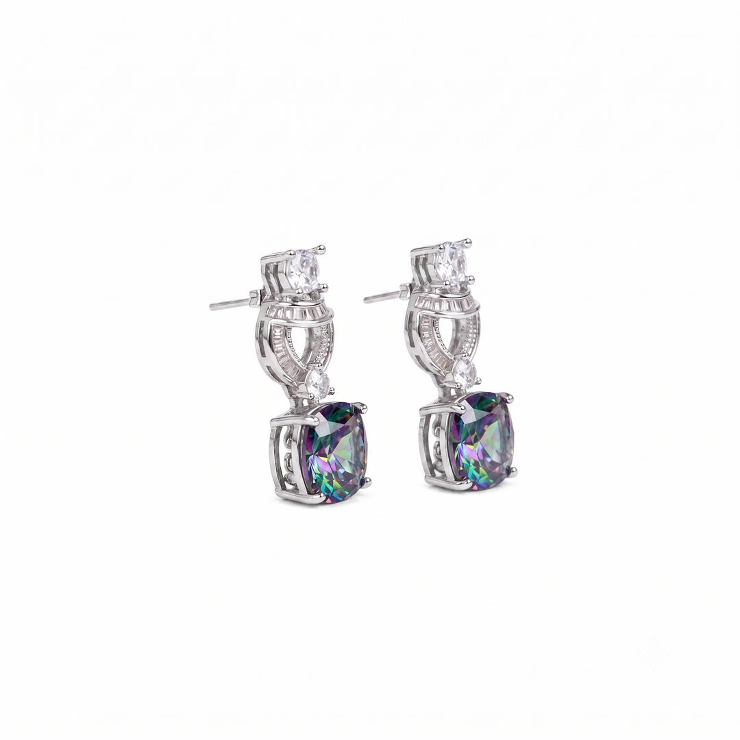 Multicolour mystic crystal cushion drop earrings for women, rhodium finish (view 2) - RANGREZ