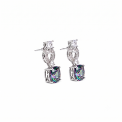 Multicolour mystic crystal cushion drop earrings for women, rhodium finish (view 2) - RANGREZ