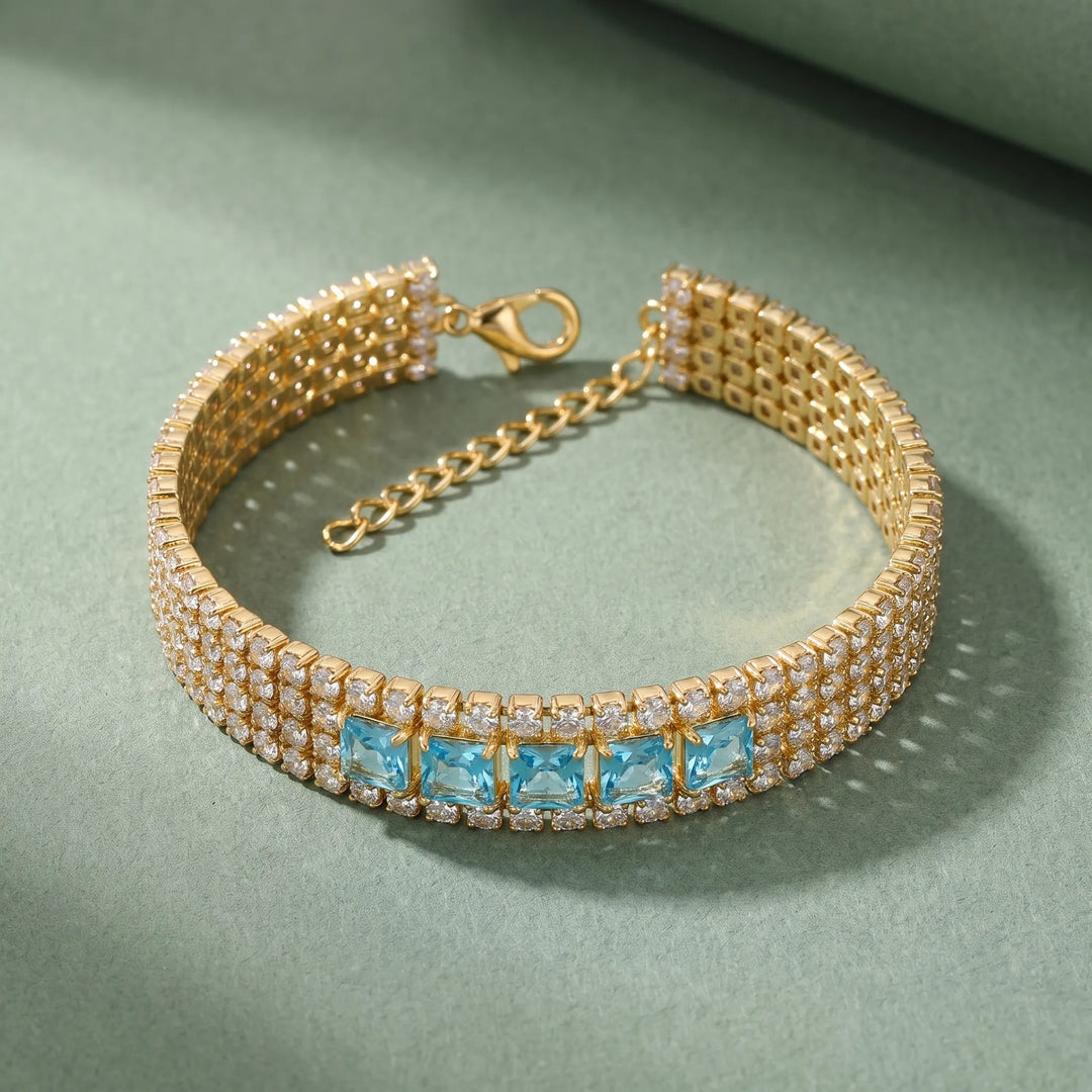Blue and white crystal pave statement bracelet for women, gold finish - RANGREZ