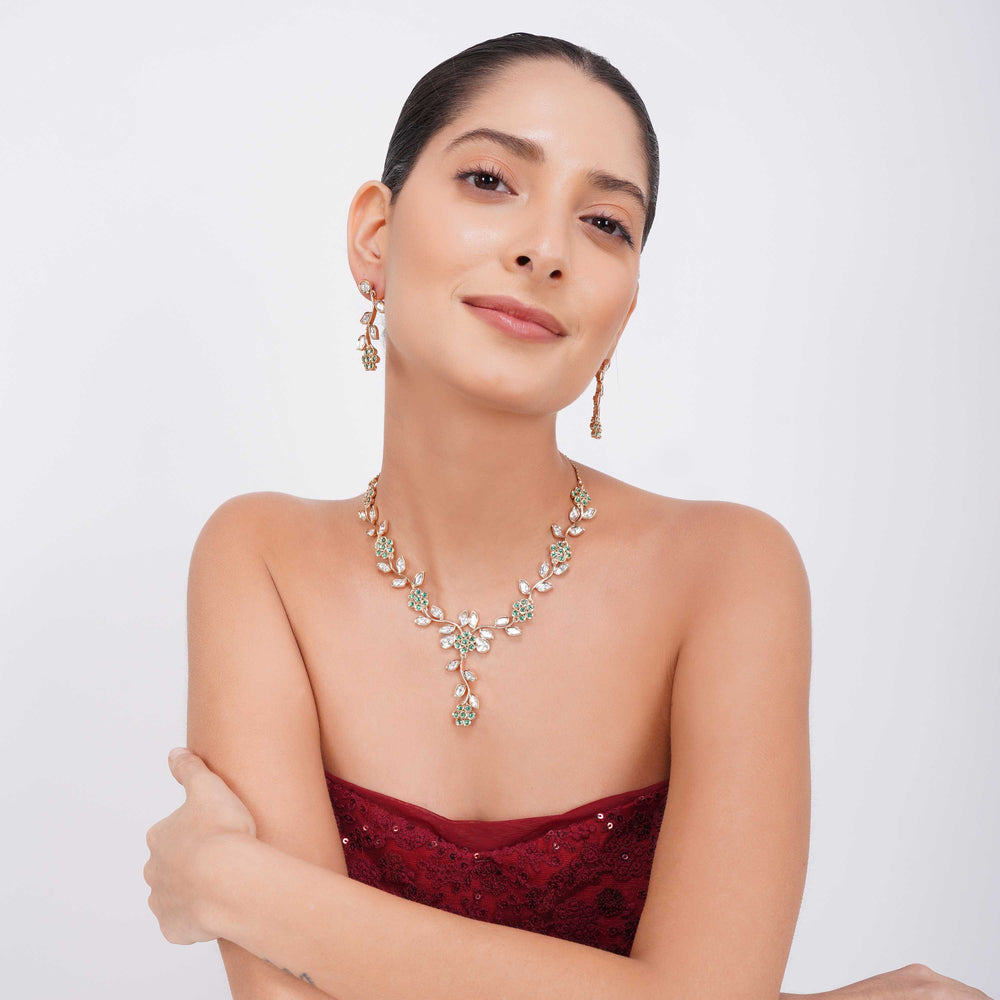 Green White CZ Floral Necklace and Earrings
