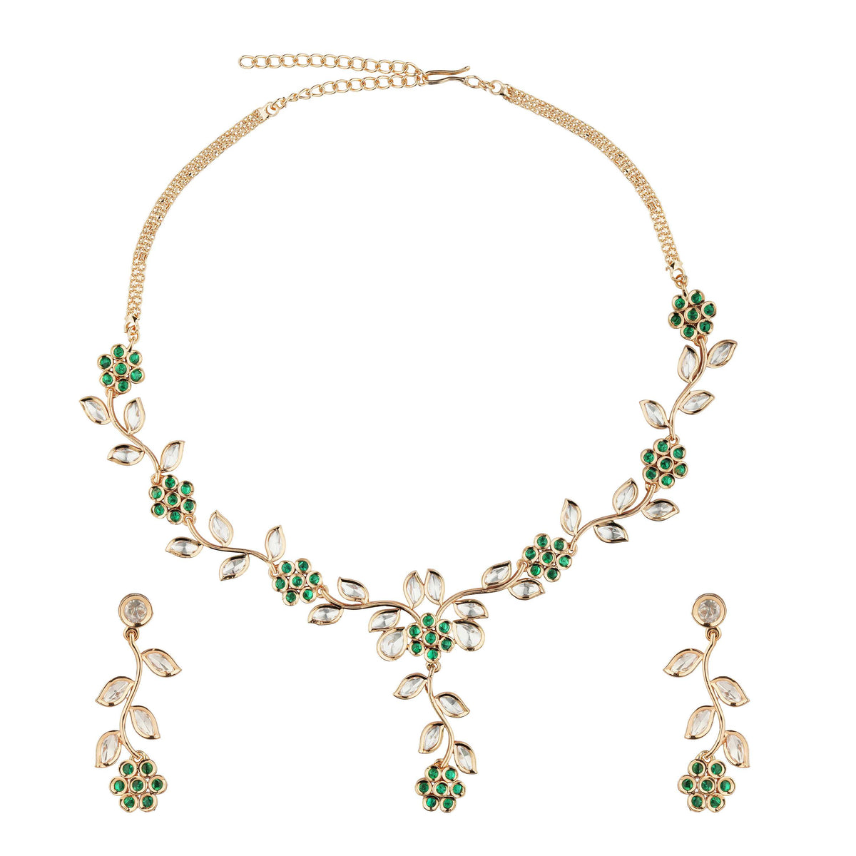 Green White CZ Floral Necklace and Earrings Close Up Product Image
