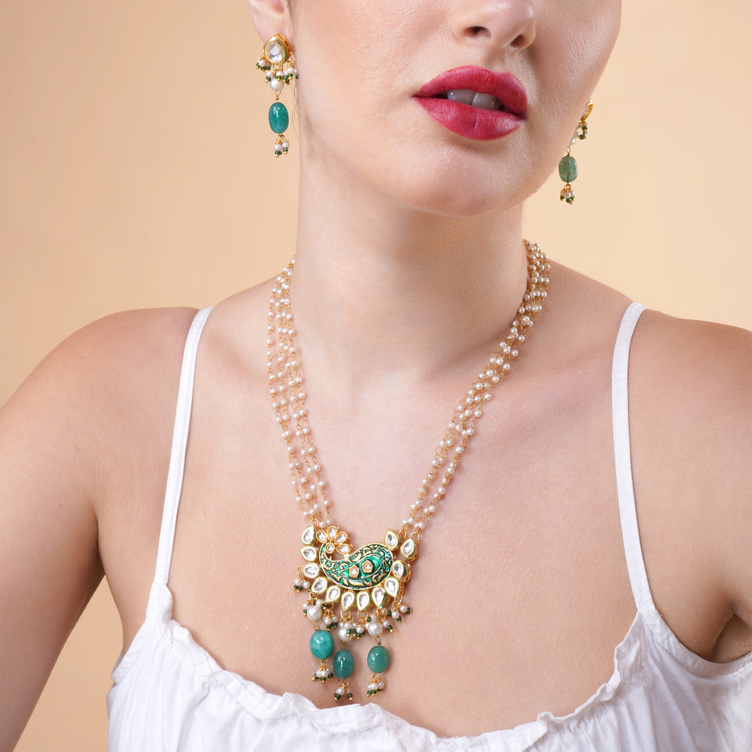 Green meenakari kundan pearl layered necklace close-up