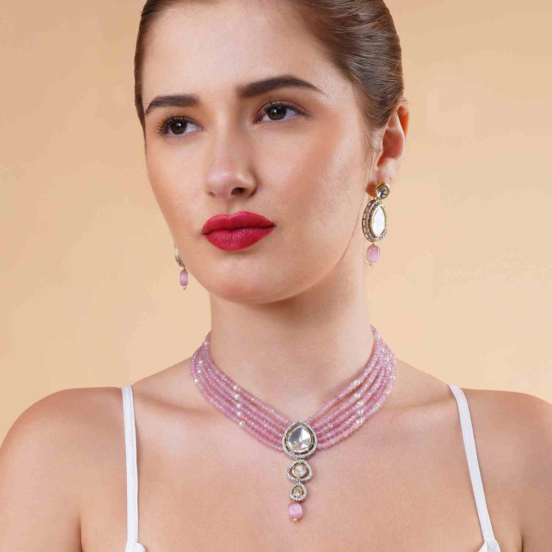 Haniya Pink Beaded Kundan Choker Necklace with Statement Earrings 