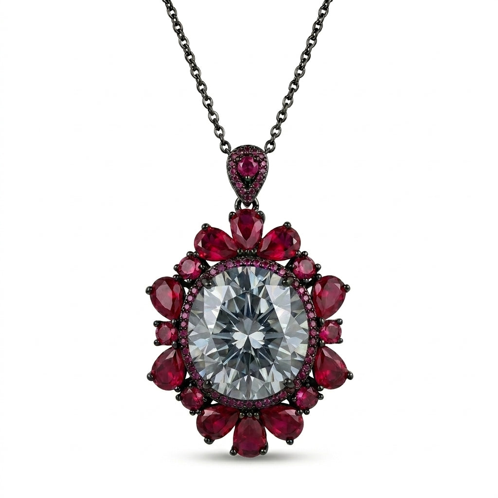 Bellora White & Pink Crystal Floral Halo Pendant Necklace, Black Rhodium finish