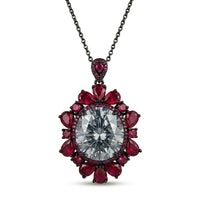 Bellora White & Pink Crystal Floral Halo Pendant Necklace, Black Rhodium finish