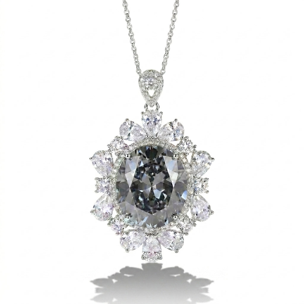 Coralia Grey & White Crystal Floral Halo Pendant Necklace, Rhodium finish