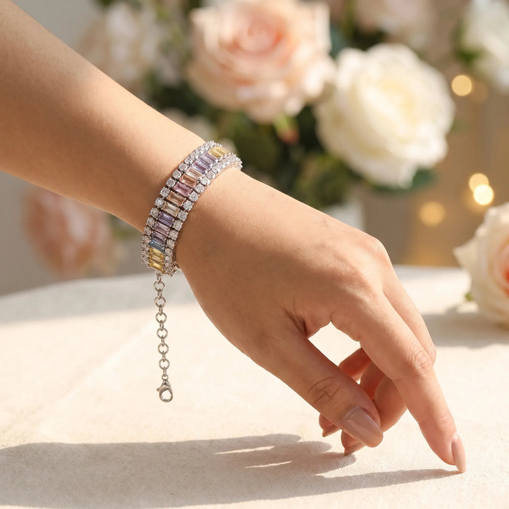 Pastel crystal tennis bracelet for women, rhodium finish - RANGREZ (view 2)