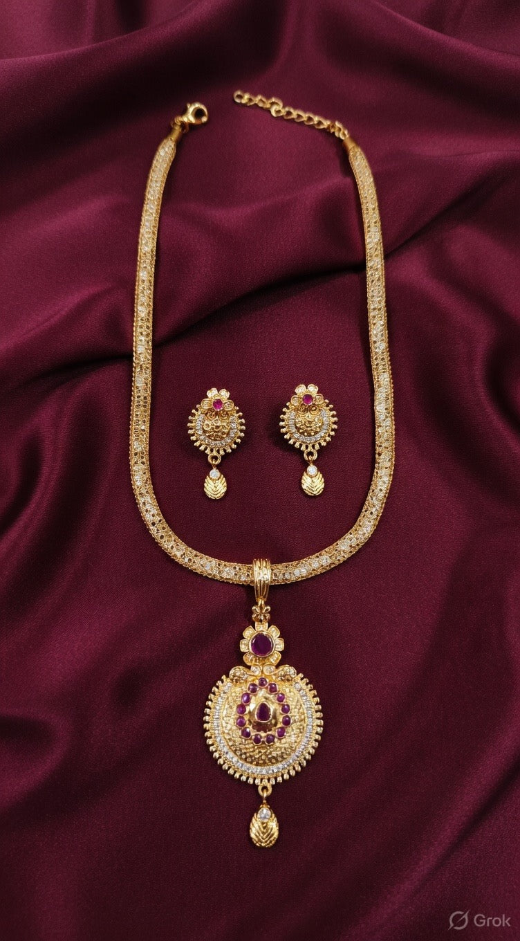 Gold-Plated Ruby & CZ Stone Pendant Necklace Set with Matching Earrings