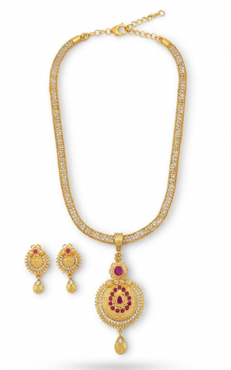 Gold-Plated Ruby & CZ Stone Pendant Necklace Set with Matching Earrings