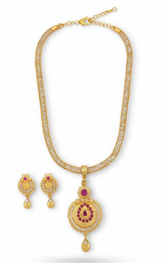 Gold-Plated Ruby & CZ Stone Pendant Necklace Set with Matching Earrings