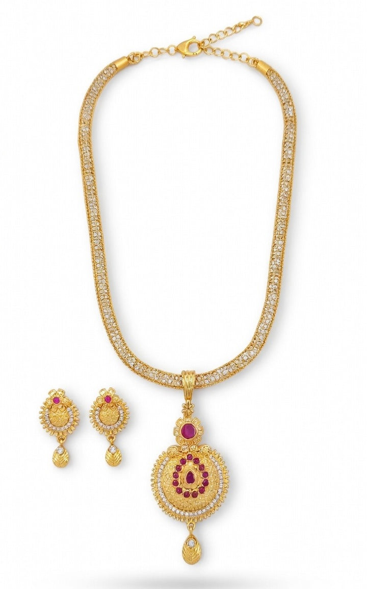 Gold-Plated Ruby & CZ Stone Pendant Necklace Set with Matching Earrings