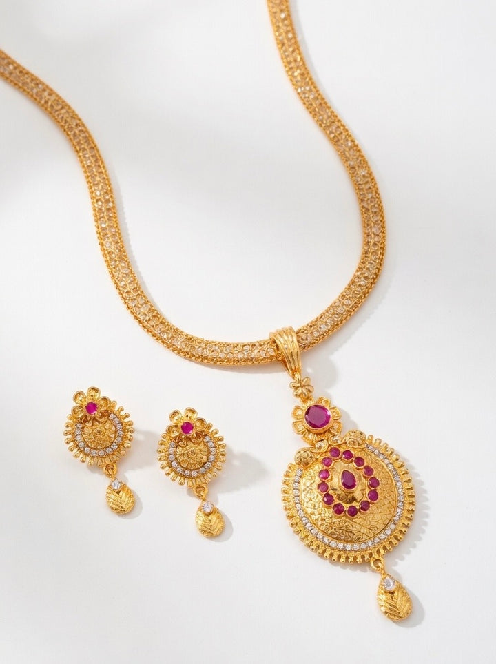 Gold-Plated Ruby & CZ Stone Pendant Necklace Set with Matching Earrings
