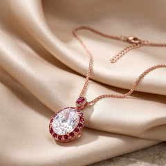 Seraphina White & Red Crystal Oval Halo Pendant Necklace, Rose Gold finish