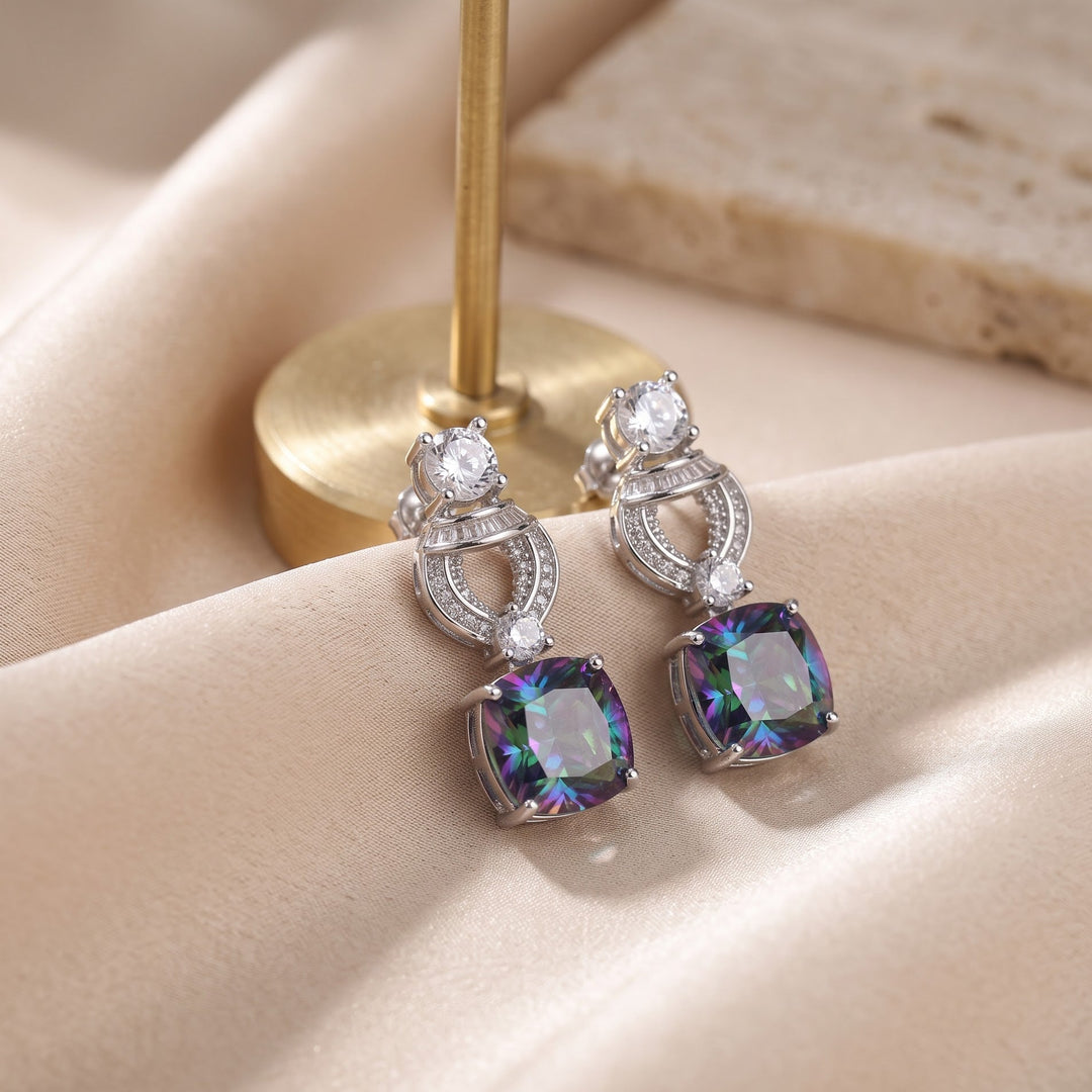 Multicolour mystic crystal cushion drop earrings for women, rhodium finish (view 3) - RANGREZ