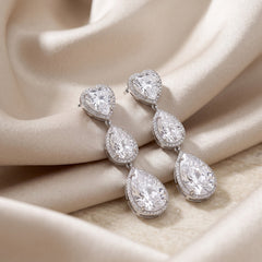 White Crystal Heart & Teardrop Drop Earrings, Rhodium finish