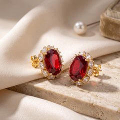 Rouge Oval Crystal Halo Stud Earrings, Gold finish