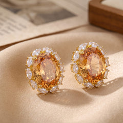 Rouge Oval Crystal Halo Stud Earrings, Gold finish