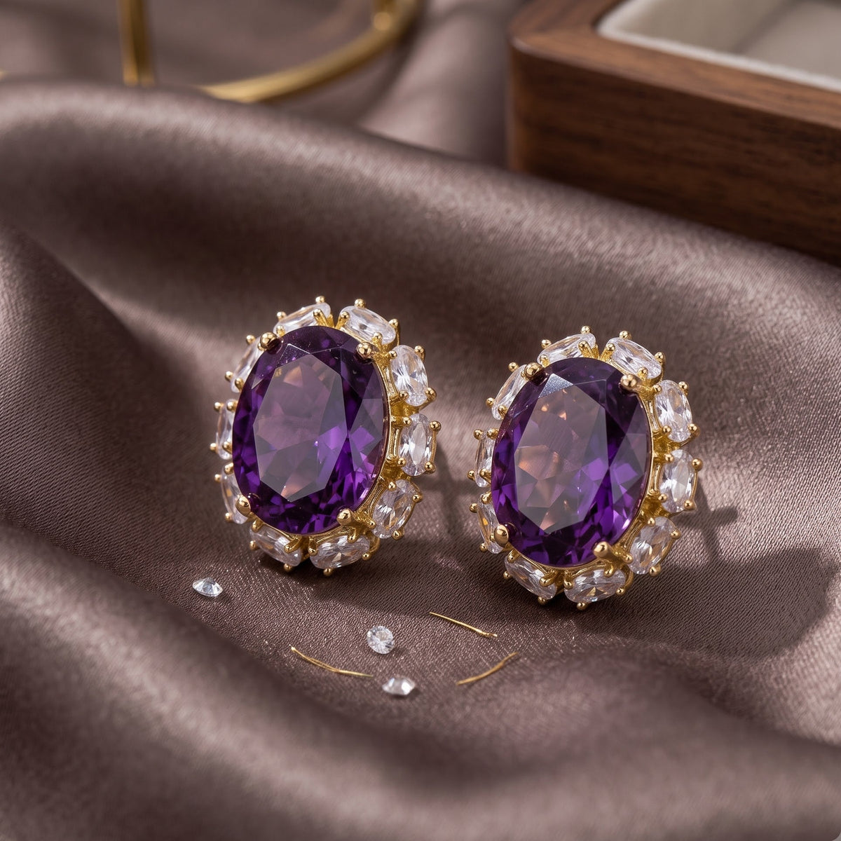 Rouge Oval Crystal Halo Stud Earrings, Gold finish