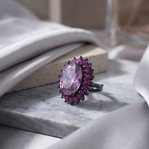 Valeria Pink & Magenta Crystal Oval Halo Cocktail Ring, Black Rhodium finish