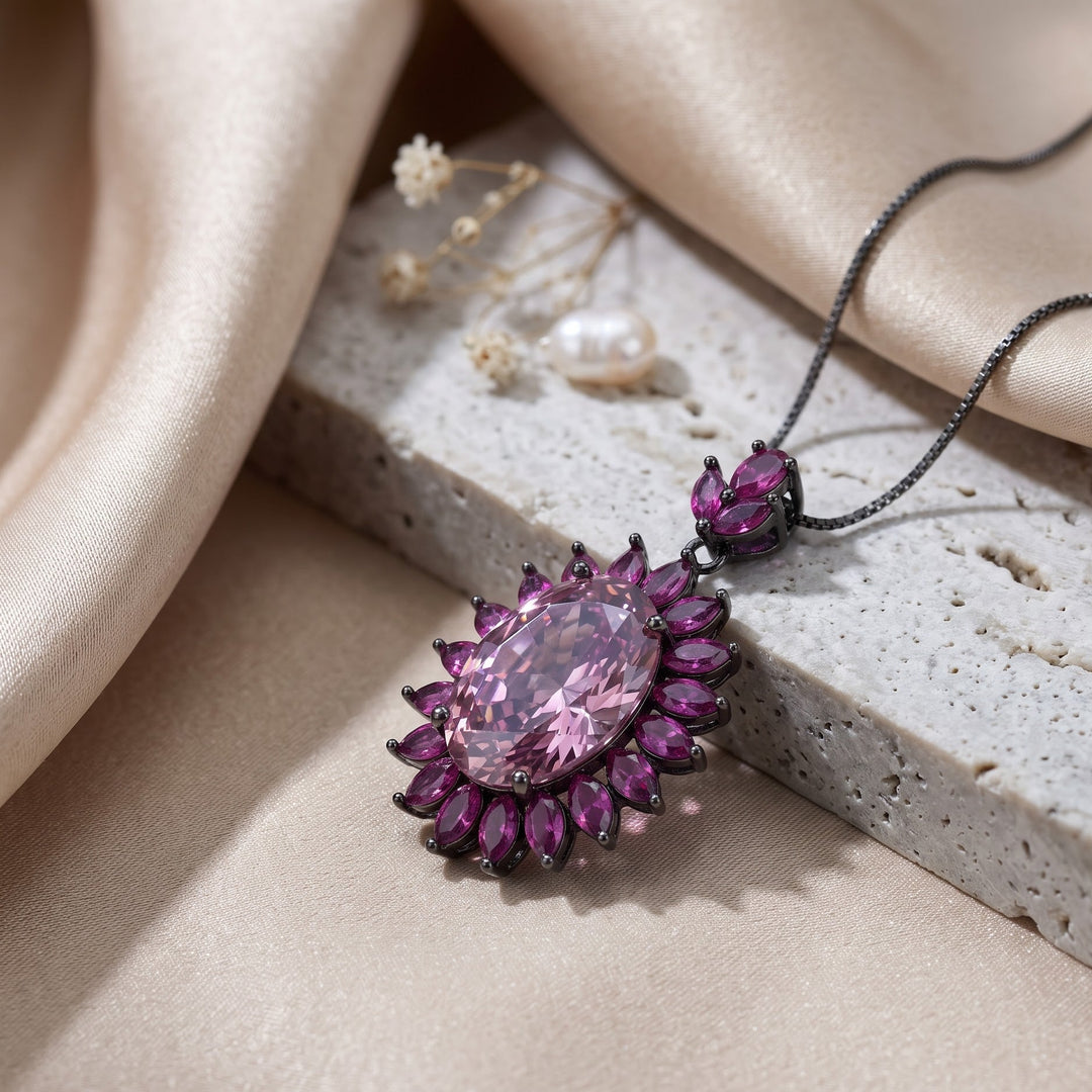 Pink oval crystal halo pendant necklace for women, black rhodium finish (view 2) - RANGREZ