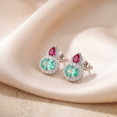 Green and red crystal pear drop stud earrings for women, rhodium finish (view 3) - RANGREZ